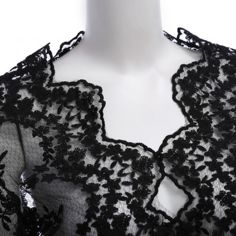 SEXY V-NECK FLARE SLEEVE SEE-THROUGH / TRANSPARENT / EMBROIDERY LACE CROP TOP  (BLACK, SIZ