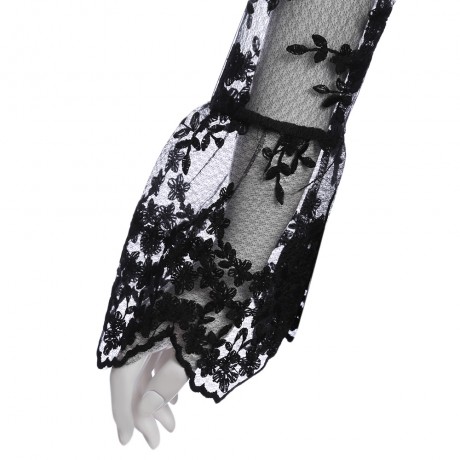 SEXY V-NECK FLARE SLEEVE SEE-THROUGH / TRANSPARENT / EMBROIDERY LACE CROP TOP  (BLACK, SIZ