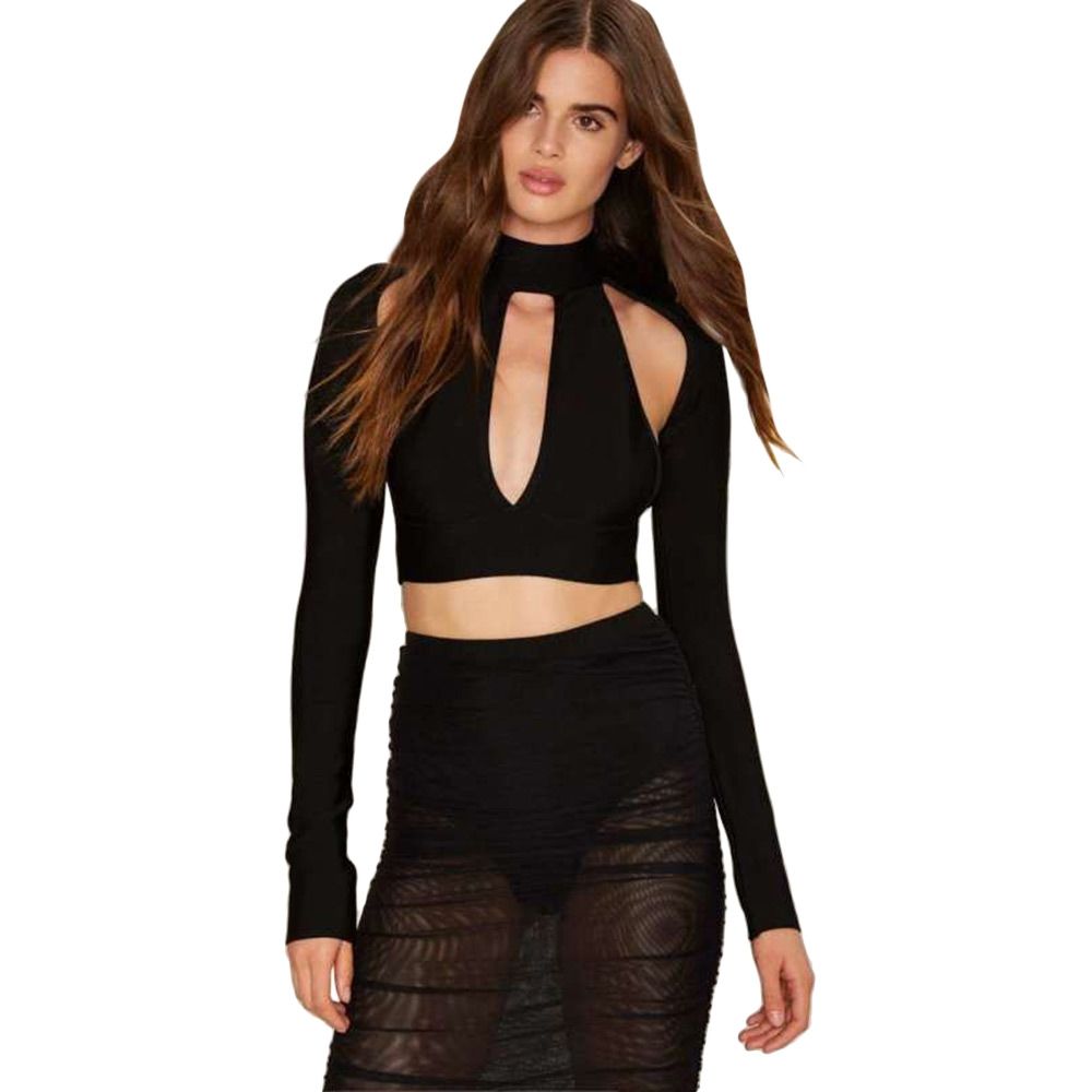 WOMEN'S LONG SLEEVE HOLLOW OUT CROP TOP (BLACK, SIZE S/M/L/XL)
