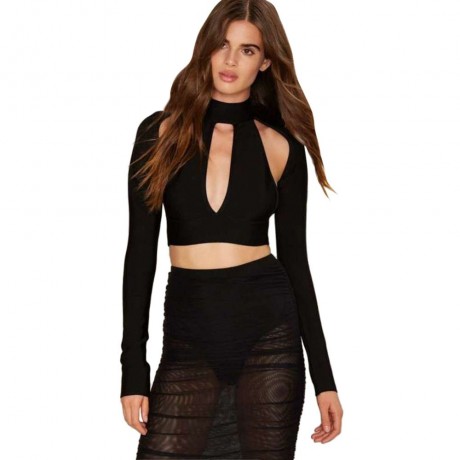 WOMEN'S LONG SLEEVE HOLLOW OUT CROP TOP (BLACK, SIZE S/M/L/XL)