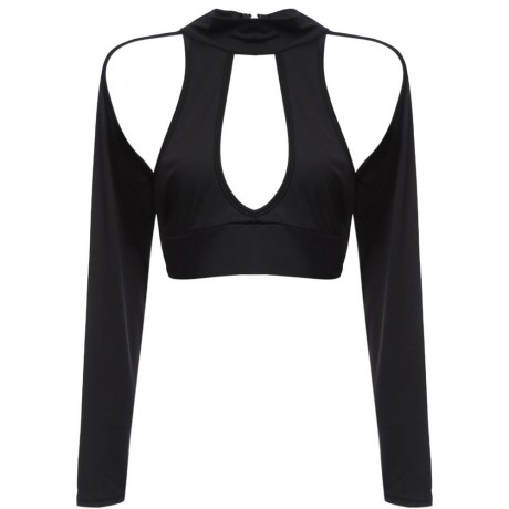 WOMEN'S LONG SLEEVE HOLLOW OUT CROP TOP (BLACK, SIZE S/M/L/XL)