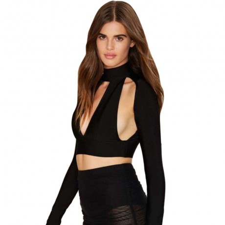 WOMEN'S LONG SLEEVE HOLLOW OUT CROP TOP (BLACK, SIZE S/M/L/XL)