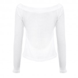OFF THE SHOULDER RIB KNITTED LONG SLEEVE BLOUSE (WHITE, SIZE S/M/L/XL)
