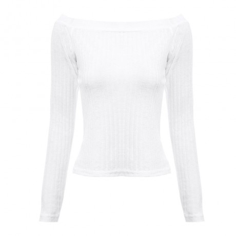 OFF THE SHOULDER RIB KNITTED LONG SLEEVE BLOUSE (WHITE, SIZE S/M/L/XL)