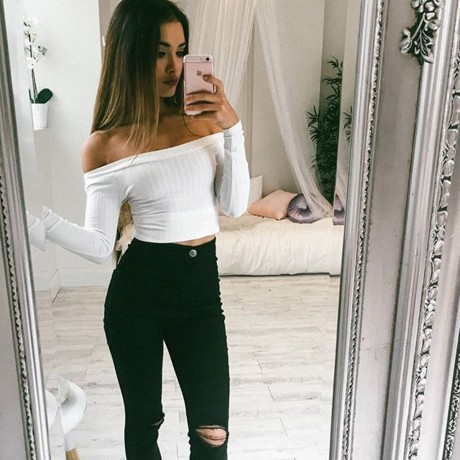 OFF THE SHOULDER RIB KNITTED LONG SLEEVE BLOUSE (WHITE, SIZE S/M/L/XL)