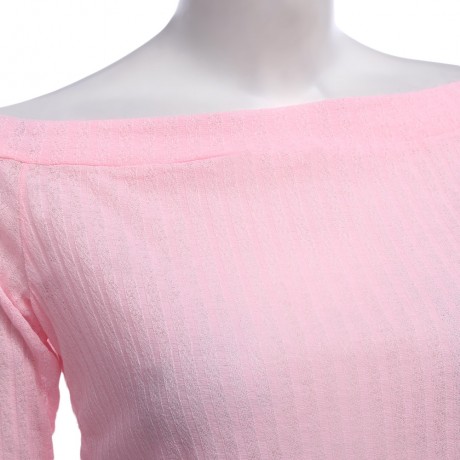 OFF THE SHOULDER RIB KNITTED LONG SLEEVE BLOUSE (PINK, SIZE S/M/L/XL)
