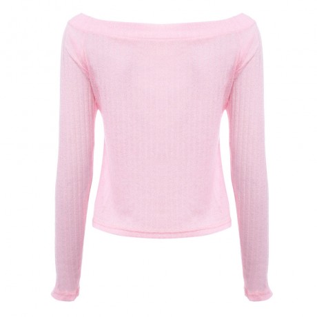 OFF THE SHOULDER RIB KNITTED LONG SLEEVE BLOUSE (PINK, SIZE S/M/L/XL)
