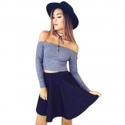 OFF THE SHOULDER RIB KNITTED LONG SLEEVE BLOUSE (GRAY, SIZE S/M/L/XL)