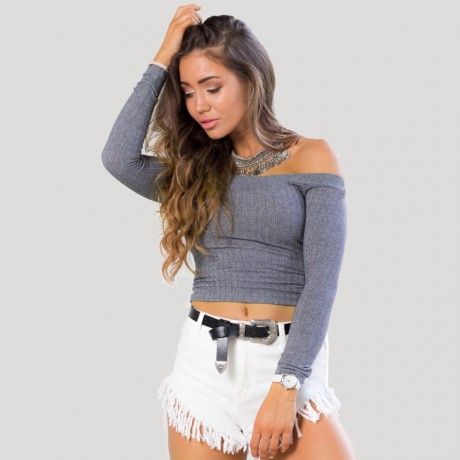 OFF THE SHOULDER RIB KNITTED LONG SLEEVE BLOUSE (GRAY, SIZE S/M/L/XL)