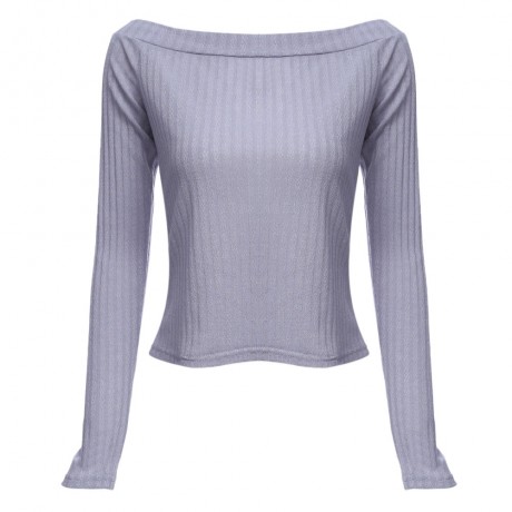 OFF THE SHOULDER RIB KNITTED LONG SLEEVE BLOUSE (GRAY, SIZE S/M/L/XL)