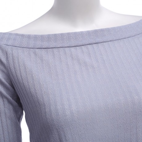 OFF THE SHOULDER RIB KNITTED LONG SLEEVE BLOUSE (GRAY, SIZE S/M/L/XL)