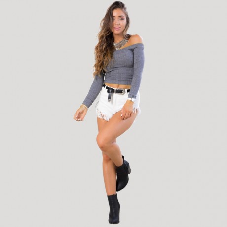 OFF THE SHOULDER RIB KNITTED LONG SLEEVE BLOUSE (GRAY, SIZE S/M/L/XL)