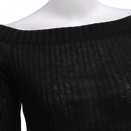 OFF THE SHOULDER RIB KNITTED LONG SLEEVE BLOUSE (BLACK, SIZE S/M/L/XL)