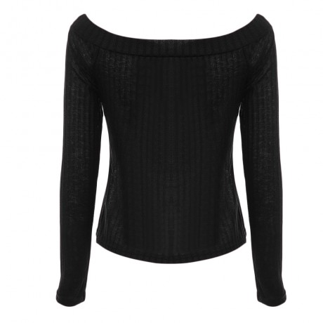 OFF THE SHOULDER RIB KNITTED LONG SLEEVE BLOUSE (BLACK, SIZE S/M/L/XL)