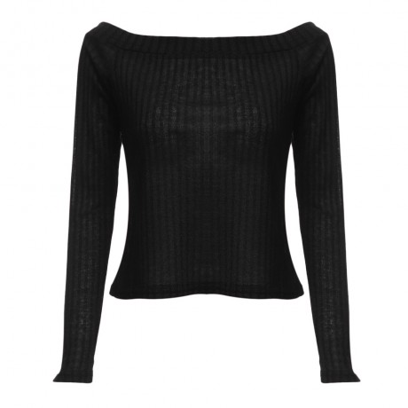 OFF THE SHOULDER RIB KNITTED LONG SLEEVE BLOUSE (BLACK, SIZE S/M/L/XL)