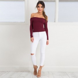 OFF THE SHOULDER RIB KNITTED LONG SLEEVE BLOUSE (CLARET, SIZE S/M/L/XL)