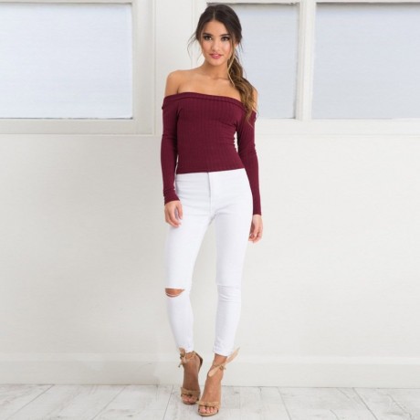 OFF THE SHOULDER RIB KNITTED LONG SLEEVE BLOUSE (CLARET, SIZE S/M/L/XL)