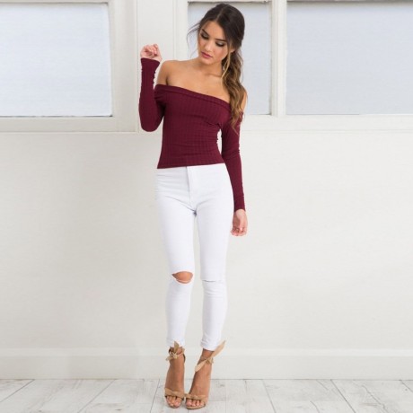 OFF THE SHOULDER RIB KNITTED LONG SLEEVE BLOUSE (CLARET, SIZE S/M/L/XL)