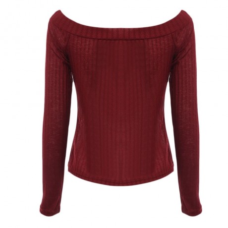 OFF THE SHOULDER RIB KNITTED LONG SLEEVE BLOUSE (CLARET, SIZE S/M/L/XL)
