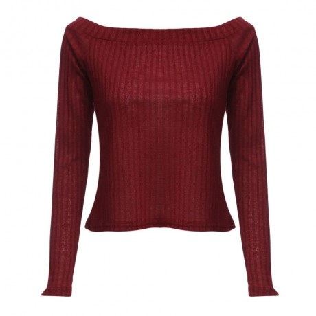 OFF THE SHOULDER RIB KNITTED LONG SLEEVE BLOUSE (CLARET, SIZE S/M/L/XL)
