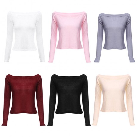 OFF THE SHOULDER RIB KNITTED LONG SLEEVE BLOUSE (CLARET, SIZE S/M/L/XL)