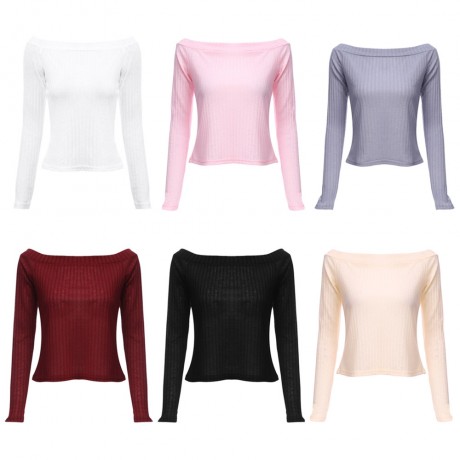 WOMEN'S OFF THE SHOULDER RIB KNITTED T-SHIRT (OFF-WHITE, SIZE S/M/L/XL)