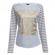 CASUAL LONG SLEEVE STRIPED LETTER PRINT SHEATH BOTTOM BLOUSE (GRAY, SIZE S/M/L/XL)