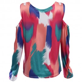 STYLISH V-NECK HOLLOW LACE SPLICED CUT OUT PRINT WOMEN T-SHIRT (COLORFUL, SIZE S/M/L/XL)