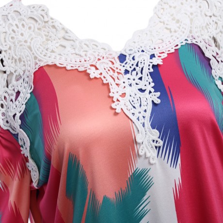 STYLISH V-NECK HOLLOW LACE SPLICED CUT OUT PRINT WOMEN T-SHIRT (COLORFUL, SIZE S/M/L/XL)