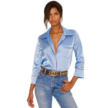 CASUAL LONG SLEEVE FRONT POCKET DESIGN BLOUSE (AZURE, SIZE S/M/L/XL)