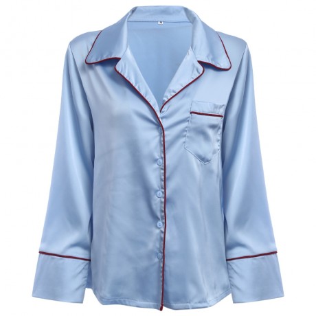 CASUAL LONG SLEEVE FRONT POCKET DESIGN BLOUSE (AZURE, SIZE S/M/L/XL)