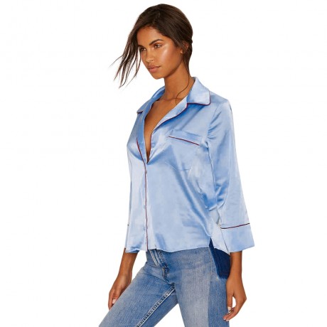 CASUAL LONG SLEEVE FRONT POCKET DESIGN BLOUSE (AZURE, SIZE S/M/L/XL)