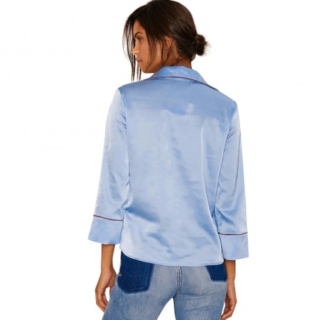 CASUAL LONG SLEEVE FRONT POCKET DESIGN BLOUSE (AZURE, SIZE S/M/L/XL)