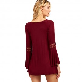SEXY V-NECK CRISS-CROSS HOLLOW EMBROIDERY FLARE SLEEVE BLOUSE (WINE RED, SIZE M/L/XL)