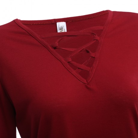 SEXY V-NECK CRISS-CROSS HOLLOW EMBROIDERY FLARE SLEEVE BLOUSE (WINE RED, SIZE M/L/XL)