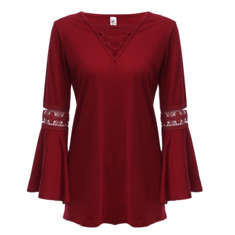 SEXY V-NECK CRISS-CROSS HOLLOW EMBROIDERY FLARE SLEEVE BLOUSE (WINE RED, SIZE M/L/XL)