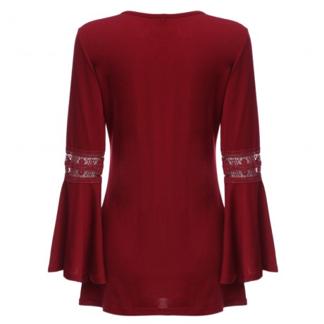 SEXY V-NECK CRISS-CROSS HOLLOW EMBROIDERY FLARE SLEEVE BLOUSE (WINE RED, SIZE M/L/XL)