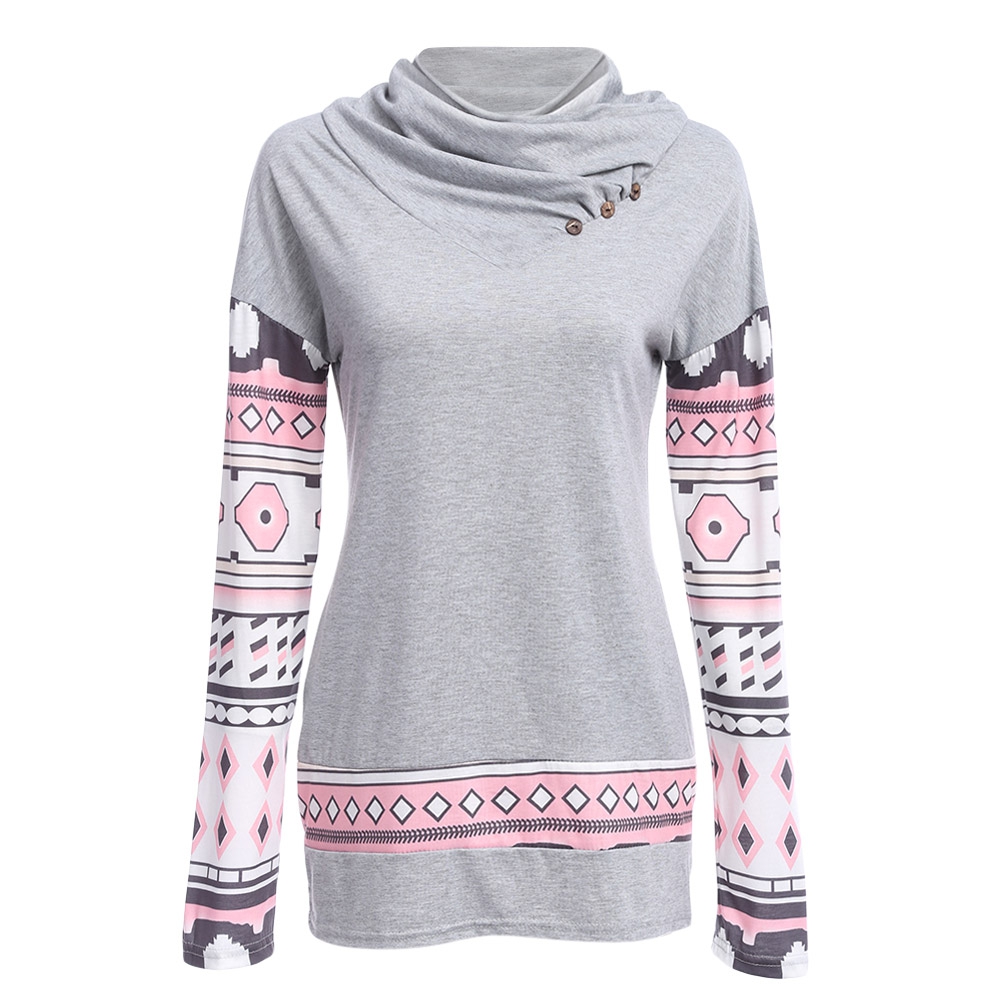 WOMEN'S LONG SLEEVE PRINT SPLICED BLOUSE (LIGHT GRAY, SIZE S/M/L/XL)