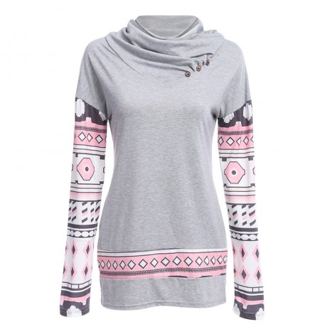 WOMEN'S LONG SLEEVE PRINT SPLICED BLOUSE (LIGHT GRAY, SIZE S/M/L/XL)