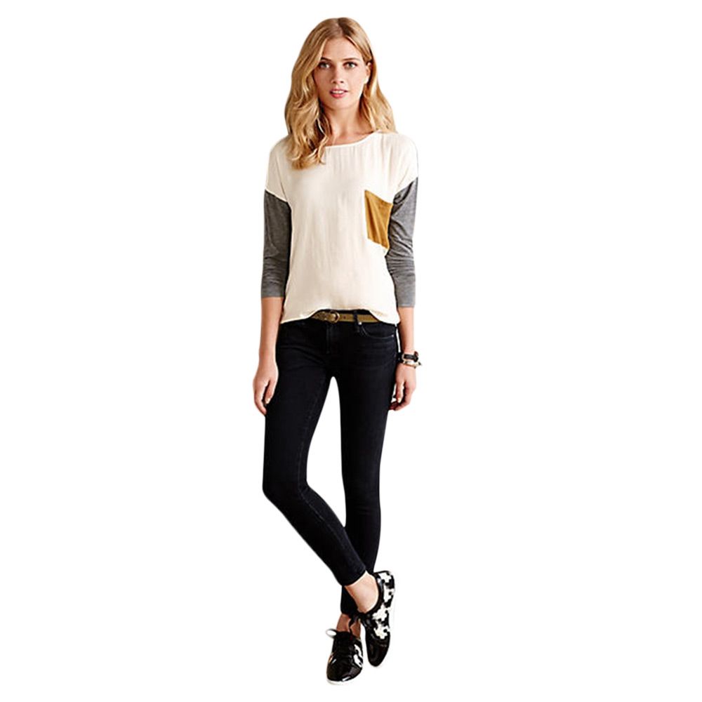 CASUAL ROUND COLLAR LONG SLEEVE COLOR BLOCK STRIPE DESIGN WOMEN BLOUSE (WHITE, SIZE S/M/L/