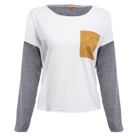 CASUAL ROUND COLLAR LONG SLEEVE COLOR BLOCK STRIPE DESIGN WOMEN BLOUSE (WHITE, SIZE S/M/L/