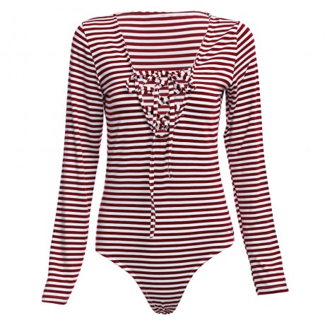SEXY PLUNGING NECK CRISS-CROSS DESIGN LONG SLEEVE (STRIPE, SIZE S/M/L/XL)