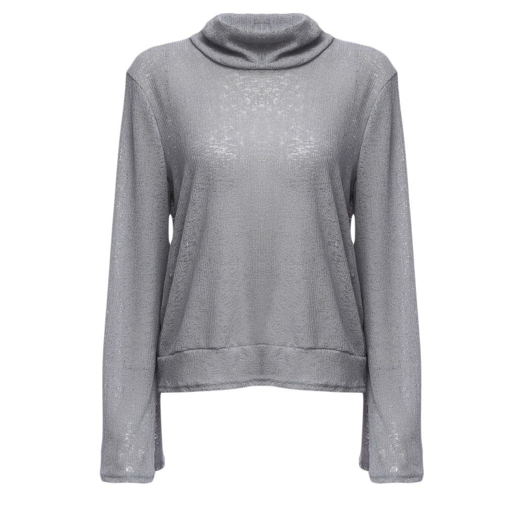 WOMEN'S TURTLENECK FLARE SLEEVE CRISS-CROSS KNITTED BLOUSE (GRAY, SIZE S/M/L/XL)