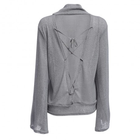 WOMEN'S TURTLENECK FLARE SLEEVE CRISS-CROSS KNITTED BLOUSE (GRAY, SIZE S/M/L/XL)