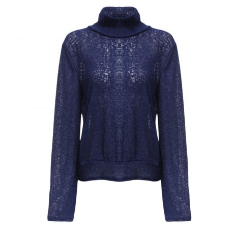 WOMEN'S TURTLENECK FLARE SLEEVE CRISS-CROSS KNITTED BLOUSE (PURPLISH BLUE, SIZE S/M/L/XL)
