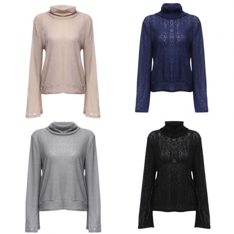 WOMEN'S TURTLENECK FLARE SLEEVE CRISS-CROSS KNITTED BLOUSE (PURPLISH BLUE, SIZE S/M/L/XL)