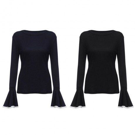 WOMEN'S FLARE SLEEVE SHEATH BLOUSE (BLACK, SIZE S/M/L/XL)