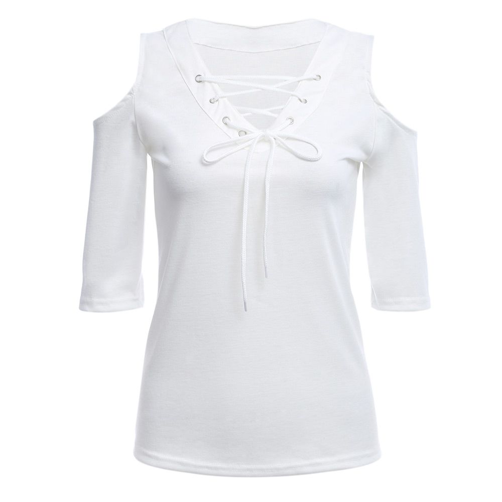 CASUAL HALF SLEEVE LACE-UP V NECK WOMEN T-SHIRT (WHITE, SIZE S/M/L)