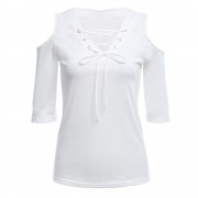 CASUAL HALF SLEEVE LACE-UP V NECK WOMEN T-SHIRT (WHITE, SIZE S/M/L)