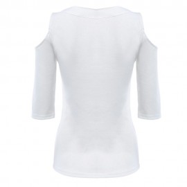CASUAL HALF SLEEVE LACE-UP V NECK WOMEN T-SHIRT (WHITE, SIZE S/M/L)